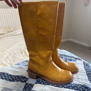 Stylish Tan Leather Knee-High Boots banana yellow